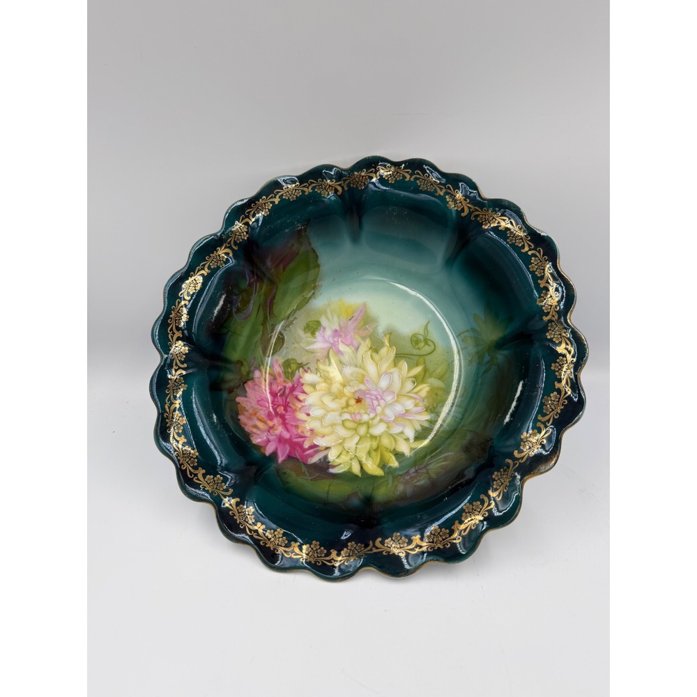 Z.S. & Co Bavaria Hand Painted Floral Porcelain Bowl Teal Gold Scalloped 9.5"
